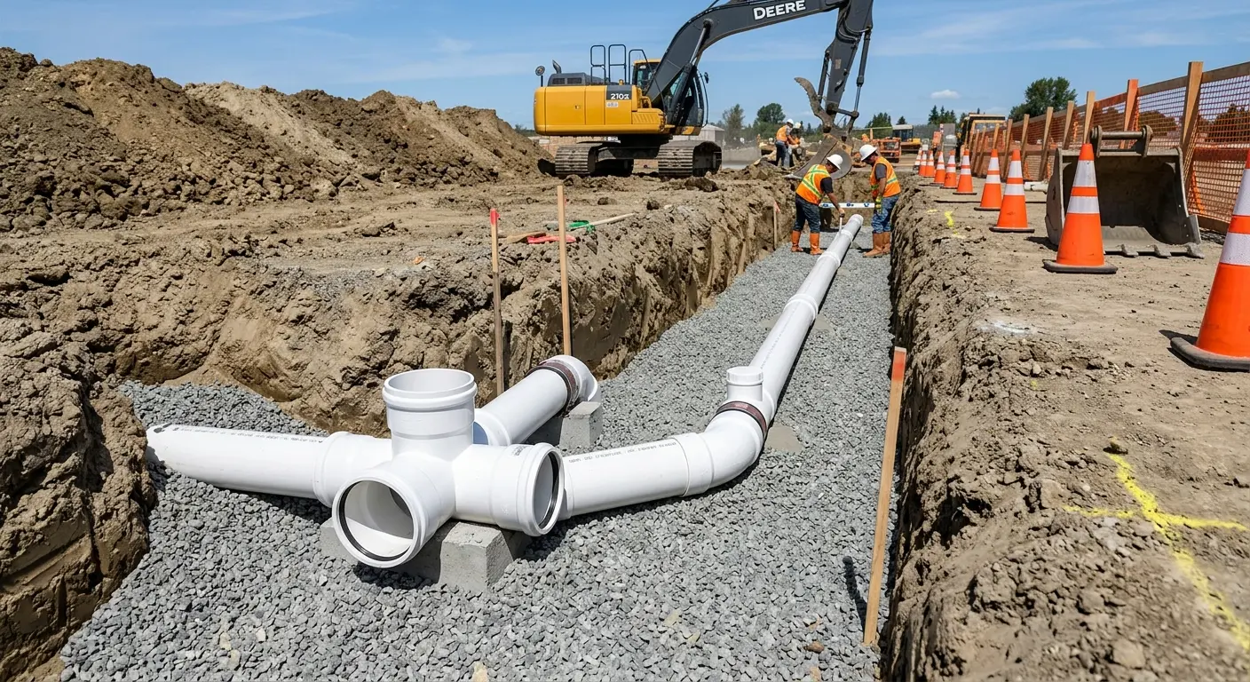 New PVC sewer pipe installation in open trench for Commercial Drain Cleaning in Olmsted Falls