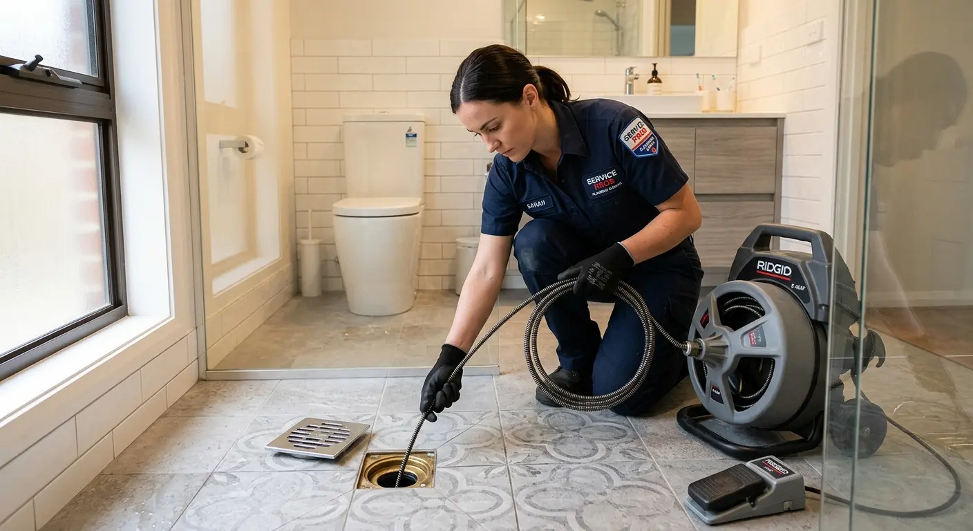Technician clearing a bathroom floor drain for Clogged Drain Repair in Olmsted Falls